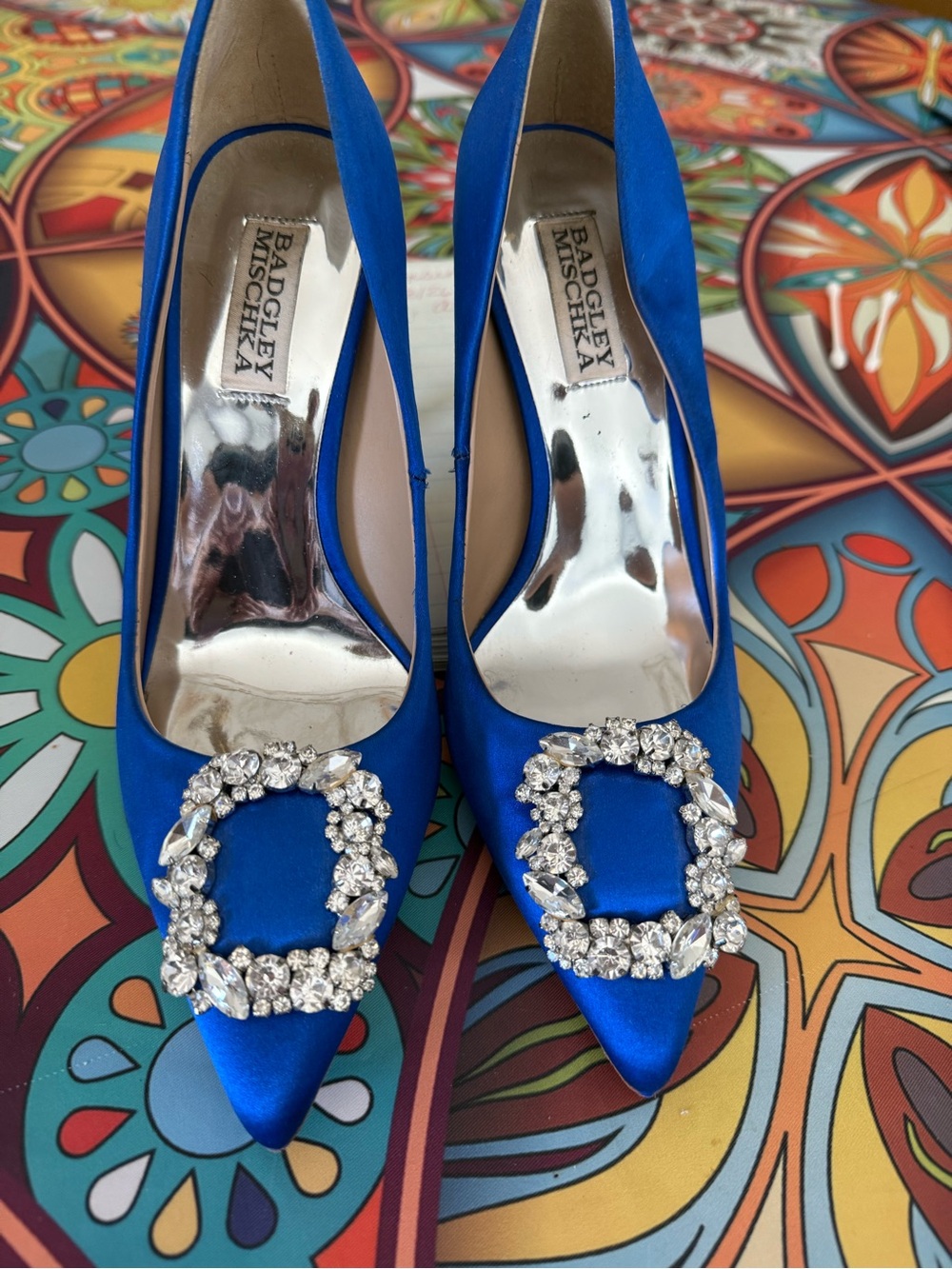 Badgley Mischka Cobalt Blue Satin Pointed Toe Heels with Crystal Buckles